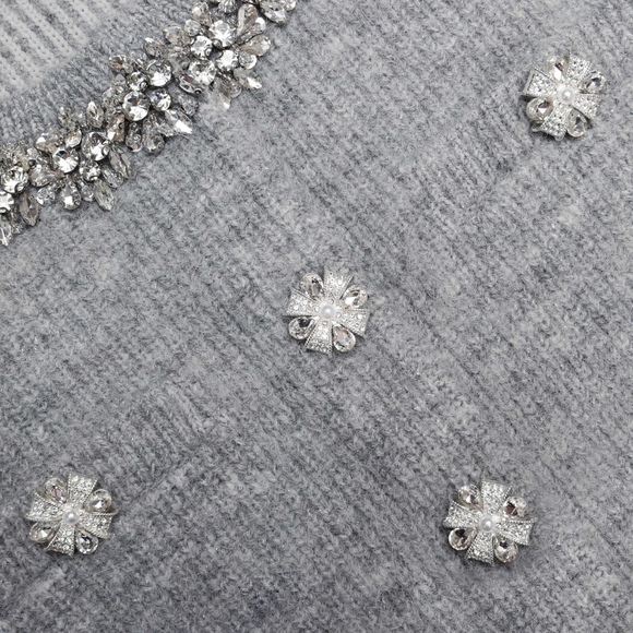 Self Portrait Grey Fluffy Crystal Trim Cardigan - Picture 5 of 13